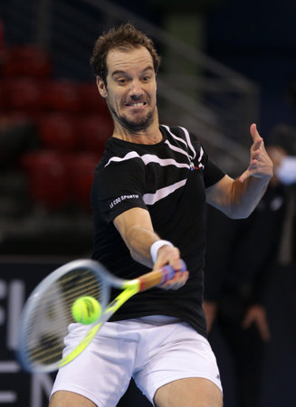 Sofia, Bulgaria - 10 November, 2020: France's Richard Gasquet in action against Spain's Roberto Carballes Baena during the ATP 250 Sofia Open qualifications.のeditorial素材