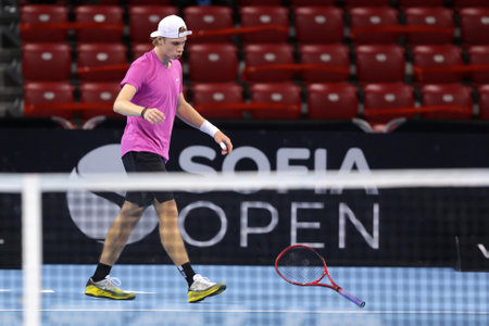 Sofia, Bulgaria - 10 November, 2020: Canada's Denis Shapovalov throws his racket after losing a point against Moldova's Radu Albot during the ATP 250 Sofia Open.のeditorial素材