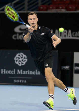 Sofia, Bulgaria - 10 November, 2020: Hungary's Marton Fucsovics in action against Italy's Jannik Sinner during the ATP 250 Sofia Open qualifications.のeditorial素材