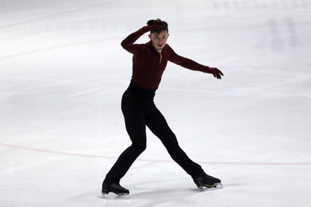 Sofia, Bulgaria - 28 February, 2021: Alexander Zlatkov of Bulgaria performs during the senior men free skating category of Sofia Trophy International Figure Skating Competition.のeditorial素材