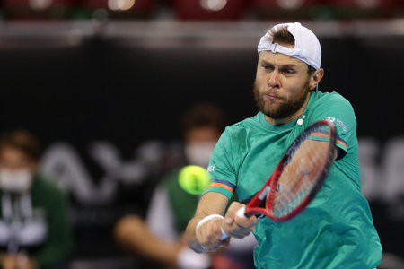 Sofia, Bulgaria - 12 November, 2020: Moldova's Radu Albot in action during his quarter-final match against France's Adrian Mannarino during the Sofia Open ATP 250 tennis tournament.のeditorial素材