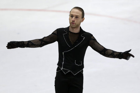 Sofia, Bulgaria - 28 February, 2021: Larry Loupolover of Bulgaria performs during the senior men free skating category of Sofia Trophy International Figure Skating Competition.のeditorial素材
