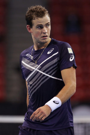 Sofia, Bulgaria - 10 November, 2020: Canada's Vasek Pospisil reacts after losing a point against Germany's Jan-Lennard Struff during the ATP 250 Sofia Open.のeditorial素材