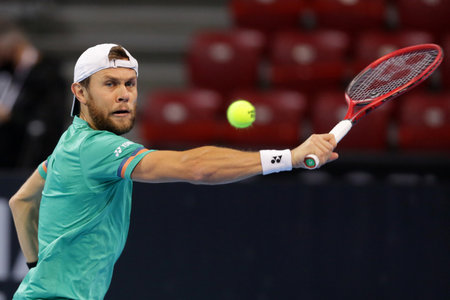 Sofia, Bulgaria - 12 November, 2020: Moldova's Radu Albot in action during his quarter-final match against France's Adrian Mannarino during the Sofia Open ATP 250 tennis tournament.のeditorial素材