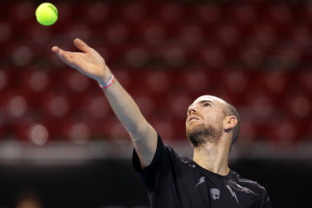 Sofia, Bulgaria - 12 November, 2020: France's Adrian Mannarino serves during his quarter-final match against Moldova's Radu Albot during the Sofia Open ATP 250 tennis tournament.のeditorial素材