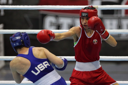 Sofia, Bulgaria - 26 February, 2021: Stoyka Krasteva (RED) of Bulgaria and Virginia Fuchs of USA fight in their semifinal round of Fly (W51kg) category of the 72-nd International Boxing Tournament "Strandja" 2021.のeditorial素材