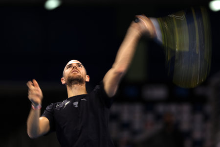 Sofia, Bulgaria - 12 November, 2020: France's Adrian Mannarino serves during his quarter-final match against Moldova's Radu Albot during the Sofia Open ATP 250 tennis tournament.のeditorial素材