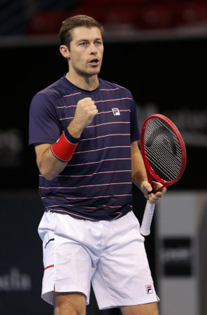 Sofia, Bulgaria - 12 November, 2020: Great Britain's Jamie Murray and Great Britain's Neal Skupski (pictured) reacts during their semi-final doubles match against France's Fabrice Martin and Monaco's Hugo Nys during the Sofia Open ATP 250 tennis tournamenのeditorial素材