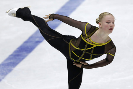 Sofia, Bulgaria - 28 February, 2021: Mariya Levushkina of Bulgaria performs during the senior ladies free skating category of Sofia Trophy International Figure Skating Competition.のeditorial素材