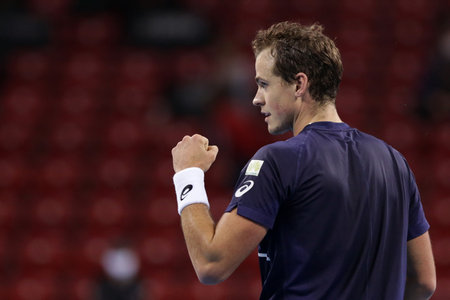 Sofia, Bulgaria - 10 November, 2020: Canada's Vasek Pospisil reacts after winning a point against Germany's Jan-Lennard Struff during the ATP 250 Sofia Open.のeditorial素材