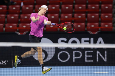 Sofia, Bulgaria - 10 November, 2020: Canada's Denis Shapovalov in action against Moldova's Radu Albot during the ATP 250 Sofia Open.のeditorial素材