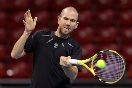 Sofia, Bulgaria - 12 November, 2020: France's Adrian Mannarino in action during his quarter-final match against Moldova's Radu Albot during the Sofia Open ATP 250 tennis tournament.のeditorial素材