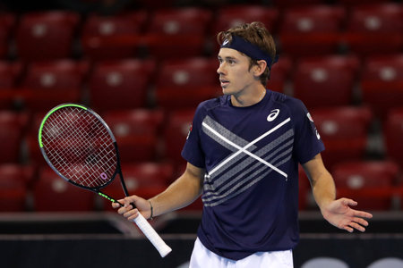 Sofia, Bulgaria - 12 November, 2020: Australia's Alex de Minaur reacts during his quarter-final match against Italy's Jannik Sinner during the Sofia Open ATP 250 tennis tournament.のeditorial素材