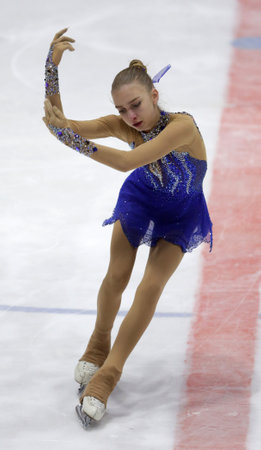 Sofia, Bulgaria - 28 February, 2021: Alexandra Feigin of Bulgaria performs during the senior ladies free skating category of Sofia Trophy International Figure Skating Competition.のeditorial素材