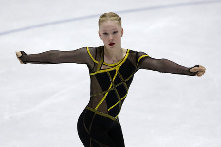 Sofia, Bulgaria - 28 February, 2021: Mariya Levushkina of Bulgaria performs during the senior ladies free skating category of Sofia Trophy International Figure Skating Competition.のeditorial素材