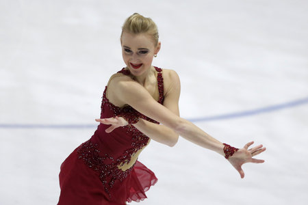Sofia, Bulgaria - 28 February, 2021: Antonina Dubinina of Serbia performs during the senior ladies free skating category of Sofia Trophy International Figure Skating Competition.のeditorial素材