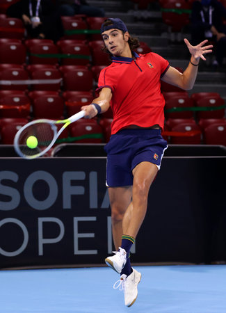 Sofia, Bulgaria - 28 September, 2021: Italy's Lorenzo Musetti in action against Bulgaria's Dimitar Kuzmanov during the ATP 250 Sofia Open.のeditorial素材