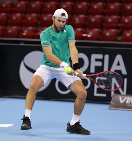 Sofia, Bulgaria - 10 November, 2020: Moldova's Radu Albot in action against Canada's Denis Shapovalov during the ATP 250 Sofia Open.のeditorial素材