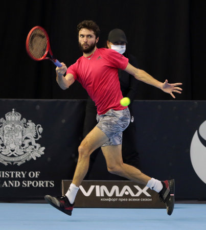 Sofia, Bulgaria - 10 November, 2020: France's Gilles Simon in action against Slovakia's Andrej Martin during the ATP 250 Sofia Open qualifications.のeditorial素材
