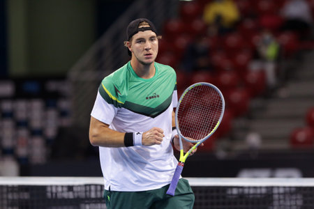 Sofia, Bulgaria - 10 November, 2020: Germany's Jan-Lennard Struff reacts after winning a point against Canada's Vasek Pospisil during the ATP 250 Sofia Open.のeditorial素材