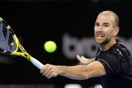 Sofia, Bulgaria - 12 November, 2020: France's Adrian Mannarino in action during his quarter-final match against Moldova's Radu Albot during the Sofia Open ATP 250 tennis tournament.のeditorial素材