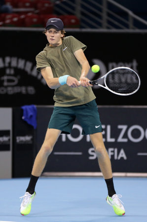 Sofia, Bulgaria - 10 November, 2020: Italy's Jannik Sinner in action against Hungary's Marton Fucsovics during the ATP 250 Sofia Open qualifications.のeditorial素材