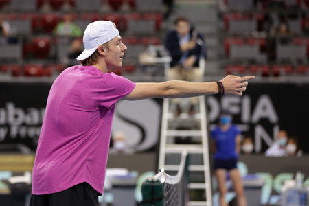 Sofia, Bulgaria - 10 November, 2020: Canada's Denis Shapovalov argues with the referee about a point he lost during his ATP 250 Sofia Open match against Moldova's Radu Albot.のeditorial素材