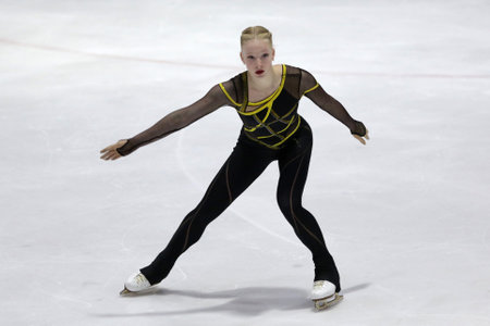 Sofia, Bulgaria - 28 February, 2021: Mariya Levushkina of Bulgaria performs during the senior ladies free skating category of Sofia Trophy International Figure Skating Competition.のeditorial素材