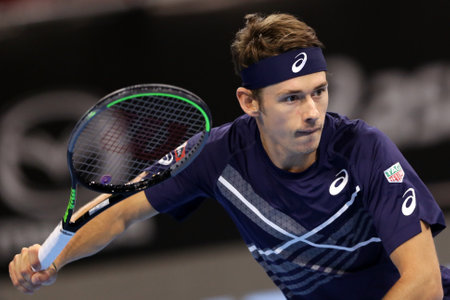 Sofia, Bulgaria - 12 November, 2020: Australia's Alex de Minaur in action during his quarter-final match against Italy's Jannik Sinner during the Sofia Open ATP 250 tennis tournament.のeditorial素材