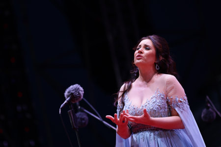 Sofia, Bulgaria - 31 August, 2021: Operatic soprano Sonya Yoncheva (pictured) performs during a joint concert with opera singer Placido Domingo in front of The St. Alexander Nevsky Cathedral.のeditorial素材