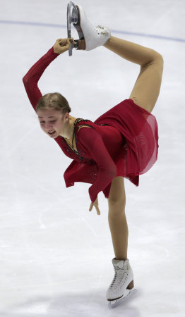 Sofia, Bulgaria - 28 February, 2021: Olga Mikutina of Austria performs during the senior ladies free skating category of Sofia Trophy International Figure Skating Competition.のeditorial素材