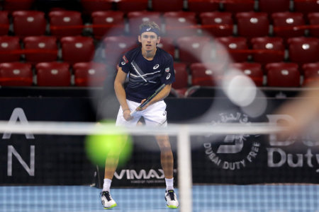 Sofia, Bulgaria - 12 November, 2020: Australia's Alex de Minaur in action during his quarter-final match against Italy's Jannik Sinner during the Sofia Open ATP 250 tennis tournament.のeditorial素材