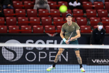 Sofia, Bulgaria - 12 November, 2020: Italy's Jannik Sinner in action during his quarter-final match against Australia's Alex de Minaur during the Sofia Open ATP 250 tennis tournament.のeditorial素材