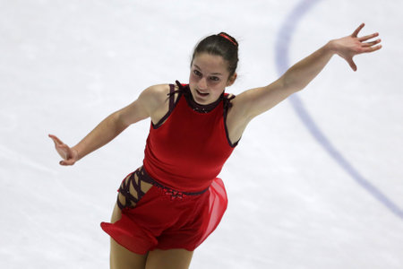 Sofia, Bulgaria - 28 February, 2021: Anna La Porta of Switzerland performs during the senior ladies free skating category of Sofia Trophy International Figure Skating Competition.のeditorial素材