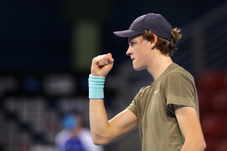 Sofia, Bulgaria - 10 November, 2020: Italy's Jannik Sinner in action against Hungary's Marton Fucsovics during the ATP 250 Sofia Open qualifications.のeditorial素材