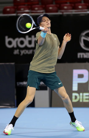 Sofia, Bulgaria - 12 November, 2020: Italy's Jannik Sinner in action during his quarter-final match against Australia's Alex de Minaur during the Sofia Open ATP 250 tennis tournament.のeditorial素材