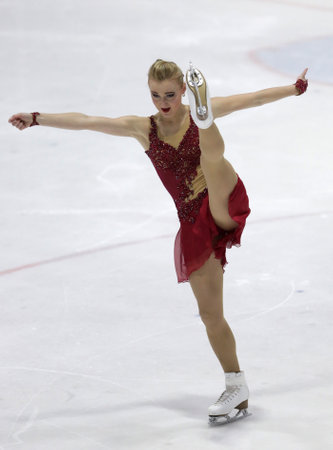 Sofia, Bulgaria - 28 February, 2021: Antonina Dubinina of Serbia performs during the senior ladies free skating category of Sofia Trophy International Figure Skating Competition.のeditorial素材