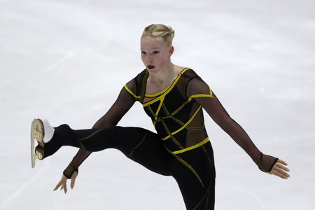 Sofia, Bulgaria - 28 February, 2021: Mariya Levushkina of Bulgaria performs during the senior ladies free skating category of Sofia Trophy International Figure Skating Competition.のeditorial素材