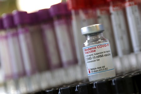 Sofia, Bulgaria - 14 January, 2021: A view of a vial of the Moderna COVID-19 vaccine at the University Obstetrics and Gynecology Hospital âMaichin Domâ before vaccination of medical staff members.のeditorial素材