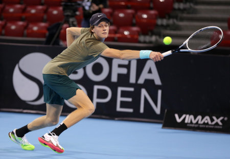 Sofia, Bulgaria - 10 November, 2020: Italy's Jannik Sinner in action against Hungary's Marton Fucsovics during the ATP 250 Sofia Open qualifications.のeditorial素材