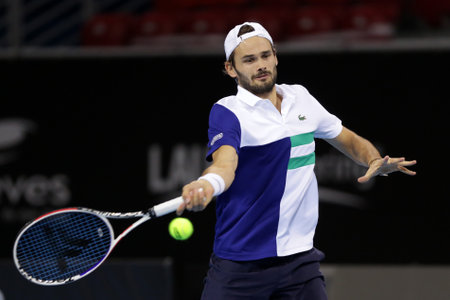 Sofia, Bulgaria - 12 November, 2020: France's Fabrice Martin and Monaco's Hugo Nys (pictured) in action during their semi-final doubles match against Great Britain's Jamie Murray and Great Britain's Neal Skupski during the Sofia Open ATP 250 tennis tournaのeditorial素材