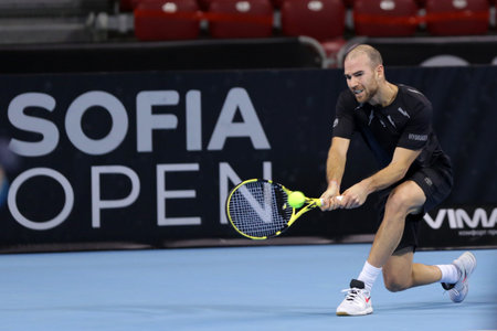 Sofia, Bulgaria - 12 November, 2020: France's Adrian Mannarino in action during his quarter-final match against Moldova's Radu Albot during the Sofia Open ATP 250 tennis tournament.のeditorial素材