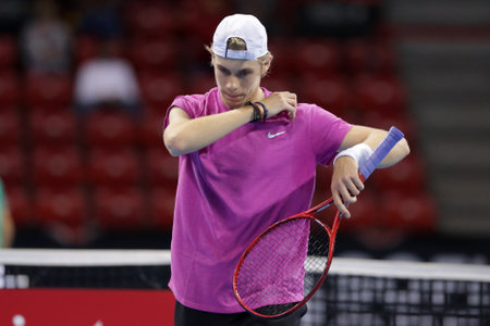Sofia, Bulgaria - 10 November, 2020: Canada's Denis Shapovalov reacts during his ATP 250 Sofia Open match against Moldova's Radu Albot.のeditorial素材