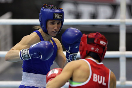 Sofia, Bulgaria - 26 February, 2021: Stoyka Krasteva (RED) of Bulgaria and Virginia Fuchs of USA fight in their semifinal round of Fly (W51kg) category of the 72-nd International Boxing Tournament "Strandja" 2021.のeditorial素材
