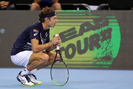 Sofia, Bulgaria - 12 November, 2020: Australia's Alex de Minaur reacts during his quarter-final match against Italy's Jannik Sinner during the Sofia Open ATP 250 tennis tournament.のeditorial素材