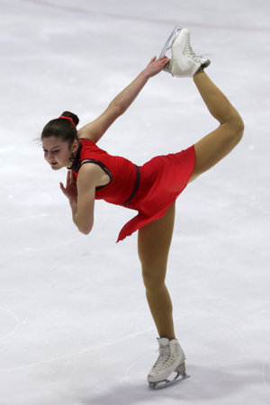 Sofia, Bulgaria - 28 February, 2021: Anna La Porta of Switzerland performs during the senior ladies free skating category of Sofia Trophy International Figure Skating Competition.のeditorial素材