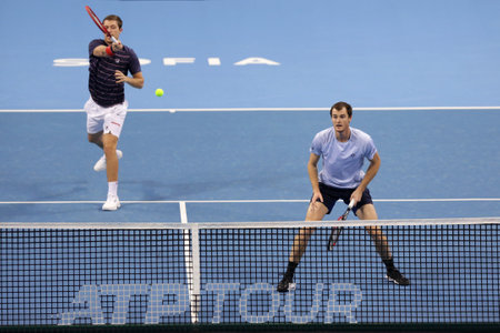 Sofia, Bulgaria - 12 November, 2020: Great Britain's Jamie Murray (R) and Great Britain's Neal Skupski (L) in action during their semi-final doubles match against France's Fabrice Martin and Monaco's Hugo Nys during the Sofia Open ATP 250 tennis tournamenのeditorial素材