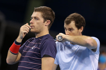 Sofia, Bulgaria - 12 November, 2020: Great Britain's Jamie Murray (R) and Great Britain's Neal Skupski (L) communicate during their semi-final doubles match against France's Fabrice Martin and Monaco's Hugo Nys during the Sofia Open ATP 250 tennis tournamのeditorial素材