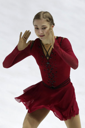 Sofia, Bulgaria - 28 February, 2021: Olga Mikutina of Austria performs during the senior ladies free skating category of Sofia Trophy International Figure Skating Competition.のeditorial素材