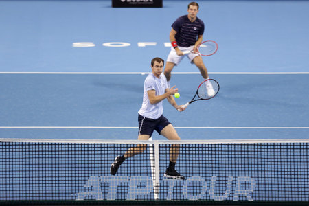Sofia, Bulgaria - 12 November, 2020: Great Britain's Jamie Murray (front) and Great Britain's Neal Skupski (back) in action during their semi-final doubles match against France's Fabrice Martin and Monaco's Hugo Nys during the Sofia Open ATP 250 tennis toのeditorial素材